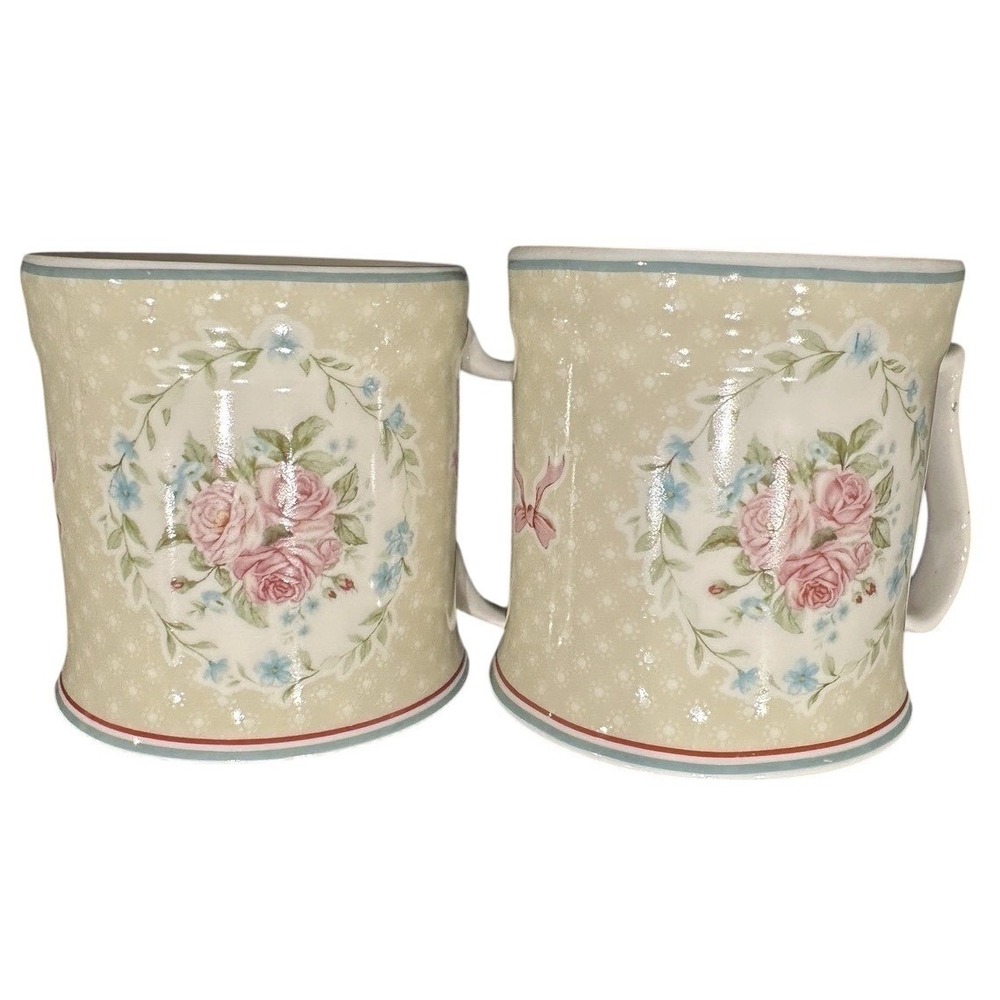 Grace Teaware Fine Porcelain Rose Floral Mugs Set of 2 Cream Pink Shabby Chic
